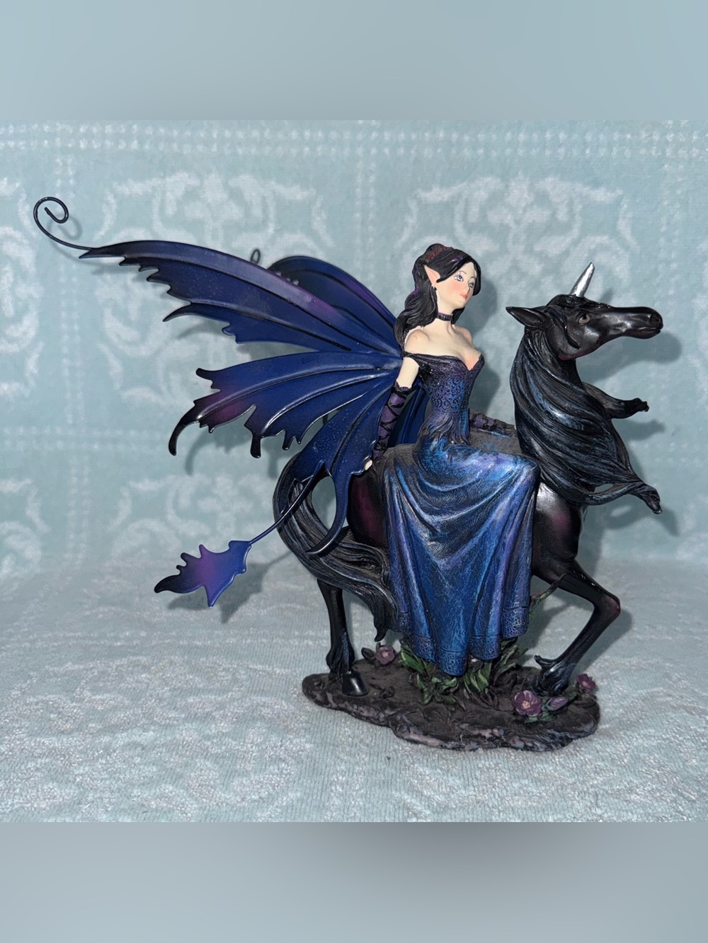 Fantasy Goth Dream Fairy Riding Black Unicorn Figurine